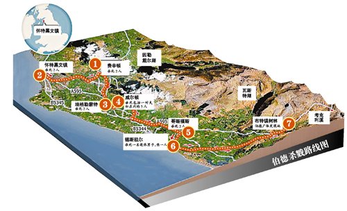 槍殺案示意圖，槍手在若干個(gè)地方向不同的人開(kāi)槍