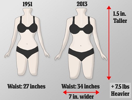 現(xiàn)今英國女性的平均腰圍已從1951年時(shí)的68厘米上升到86厘米，而胸圍和臀圍并沒有相應(yīng)增加，因此體型更接近于長(zhǎng)方形