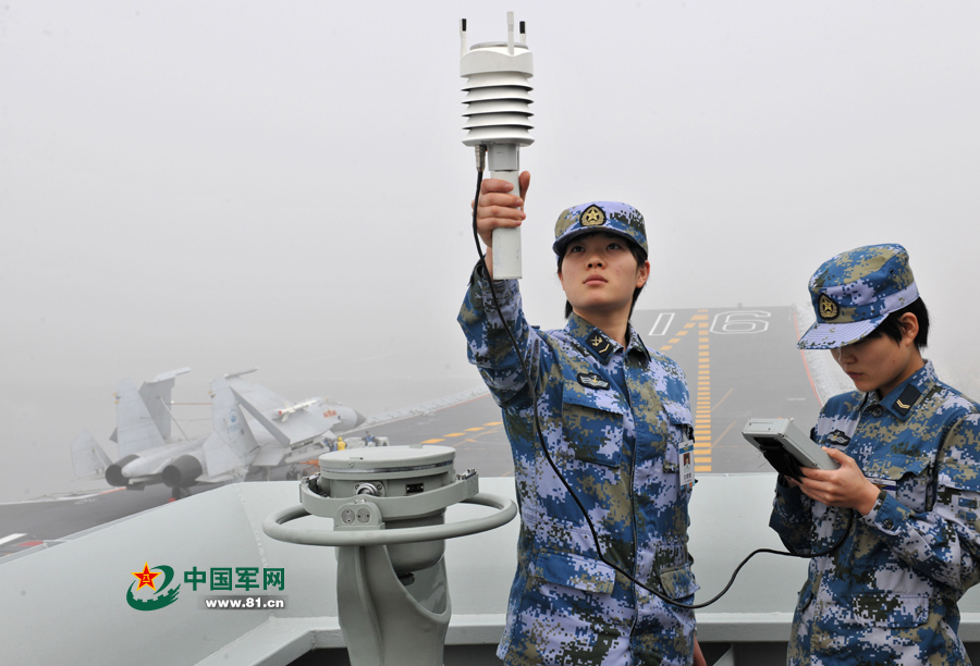 飛行前氣象值班女艦員進(jìn)行風(fēng)力參數(shù)測(cè)定。本網(wǎng)通訊員 王松岐 攝